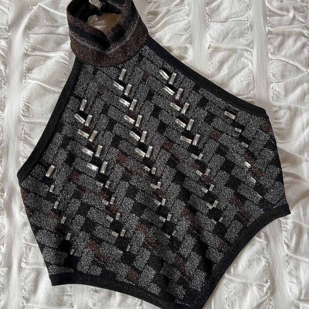 Karen Millen Rhinestone and Metallic Halter Top, Size: M